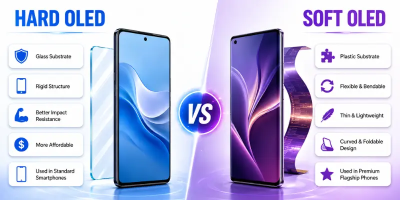 Hard OLED vs Soft OLED display comparison showing glass and plastic substrates, rigid and flexible designs, and key features.