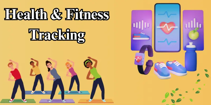 Illustration of health and fitness tracking, featuring people exercising, wearable fitness devices, mobile app, and health-related icons.