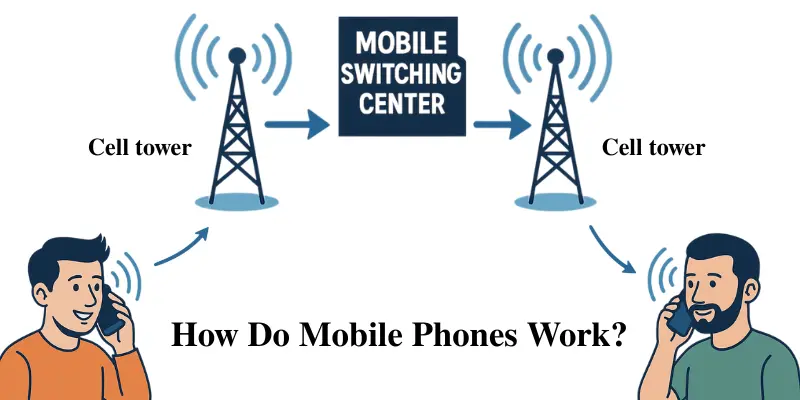 How do mobile phones work explained with diagram showing cell towers, mobile switching center, and users making calls across the network.