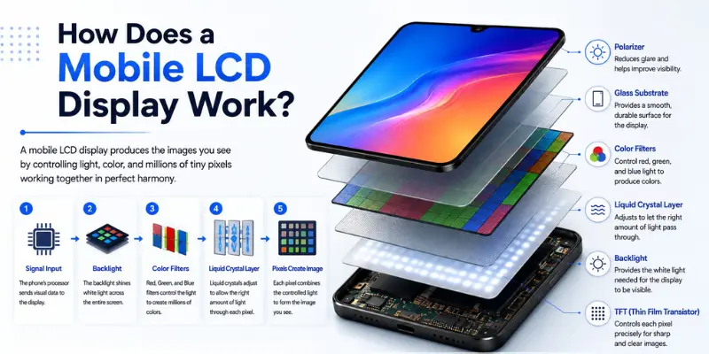 Infographic explaining how a mobile LCD display works using backlight, color filters, liquid crystals, pixels, and TFT technology.