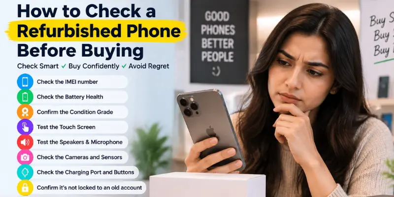 Infographic showing how to check a refurbished phone before buying, with a woman inspecting a smartphone and a detailed checklist.