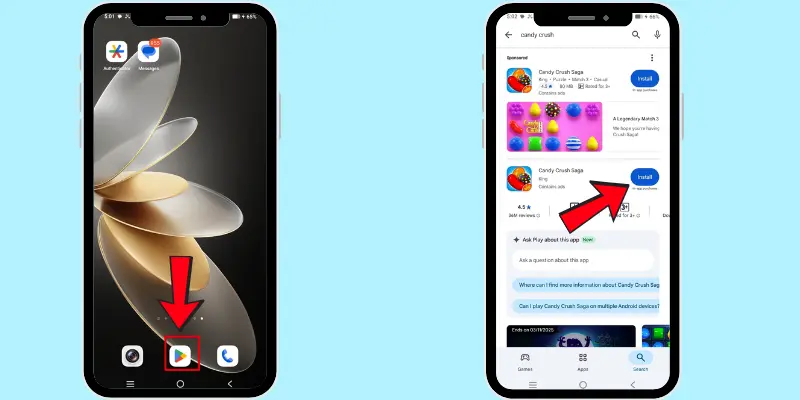 How to download Candy Crush on a mobile phone, showing the Google Play Store app and the install button with arrows pointing to key features.