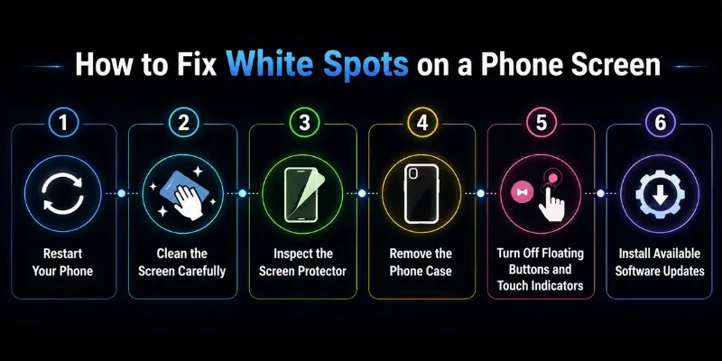 Dark infographic of six fixes for white spots on a phone screen, with numbered icons for restart, cleaning, checks and updates.
