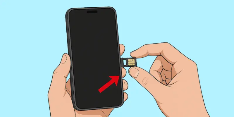 How to insert a SIM card into a mobile phone with hands holding the SIM card and pointing to the phone's SIM tray.
