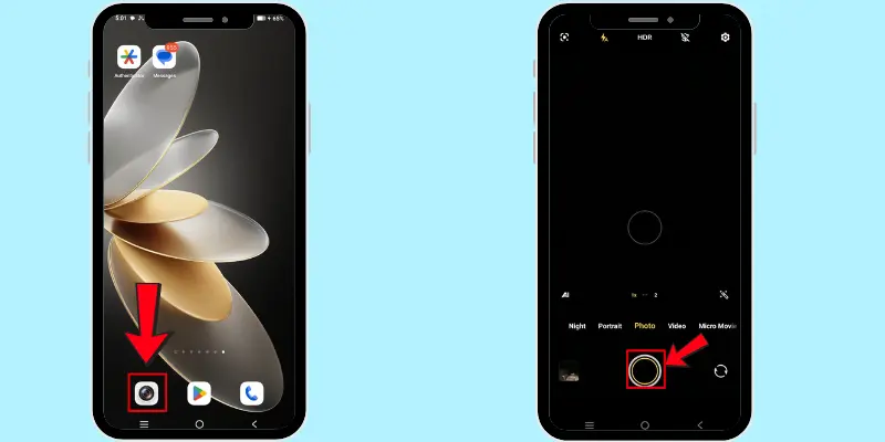 How to open the camera app on a mobile phone, showing the app icon and photo mode interface with arrows pointing to key features.