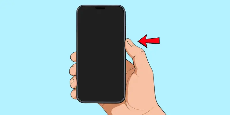 How to power on a mobile phone, showing a hand pressing the power button with an arrow pointing to it.