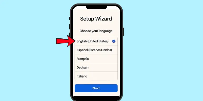 How to select language during phone setup, showing the language options screen with 'English (United States)' selected.