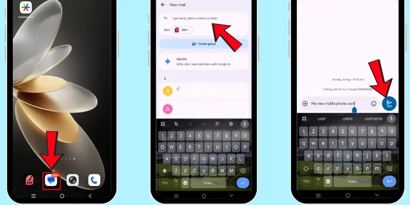 How to send a message on a mobile phone, showing the app interface, typing screen, and sending button with arrows indicating key areas.