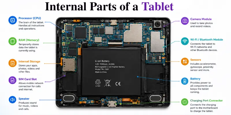 Internal parts of a tablet diagram showing CPU, RAM, storage, battery, camera module, sensors, speakers, and Wi-Fi components.