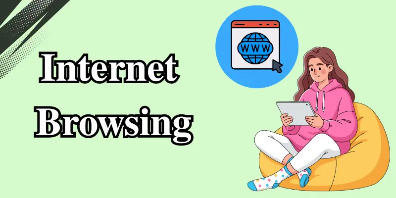 Image showing the function of internet browsing on smartphones, with a user browsing on a tablet and the globe icon representing web access.