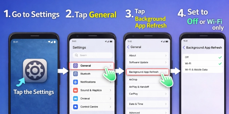 Step-by-step iPhone guide showing Settings > General > Background App Refresh to set it Off or Wi-Fi only and save data.