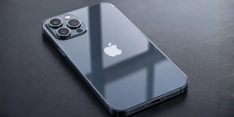 Black iPhone with glossy glass back placed on a dark surface, showing its premium design and reflective rear panel.