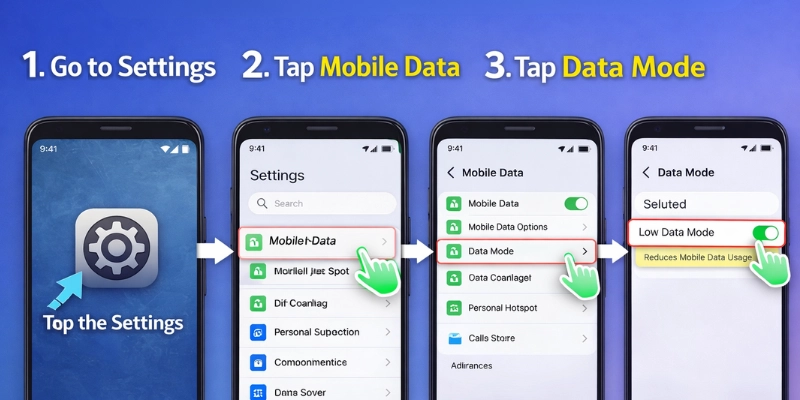 Step-by-step iPhone guide showing Settings > Mobile Data > Data Mode > Low Data Mode to help users save mobile data efficiently.