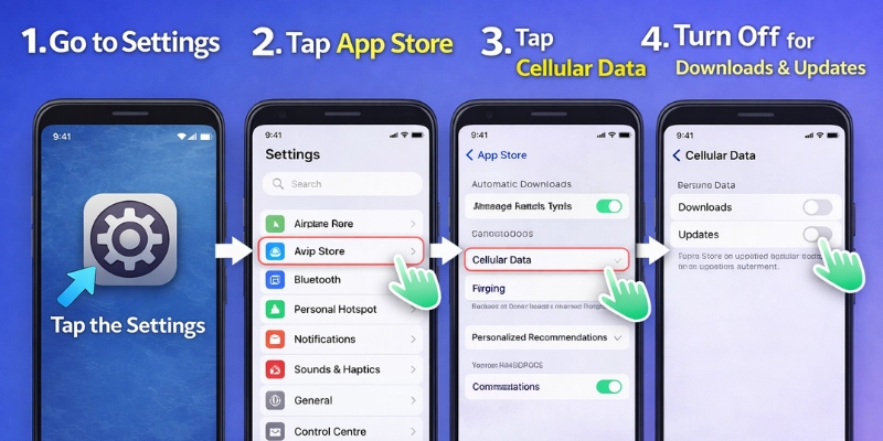 Step-by-step iPhone guide showing Settings > App Store > Cellular Data to turn off downloads and updates using mobile data.