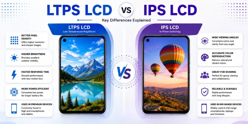LTPS LCD vs IPS LCD smartphone display comparison showing brightness, color accuracy, pixel density, response time, and viewing angles.