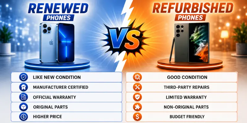 Comparison of renewed vs refurbished phones showing condition, warranty, parts quality, repairs, certification, and pricing.