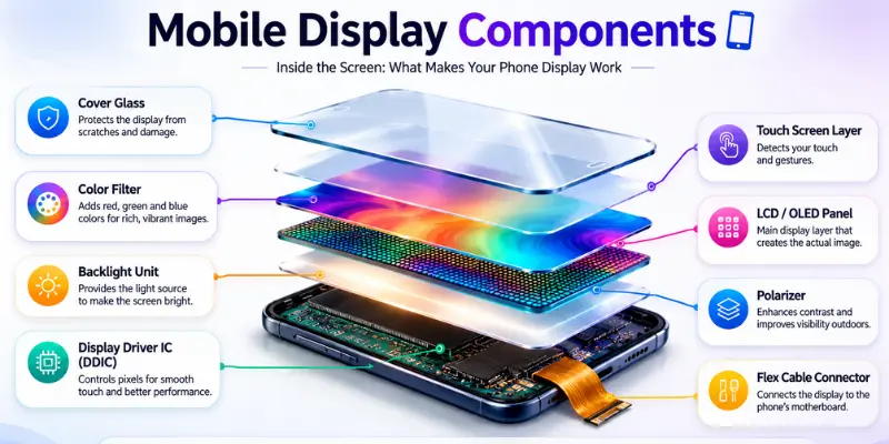 Mobile display diagram with cover glass, touch layer, OLED panel, polarizer, backlight, driver IC and flex cable connector.