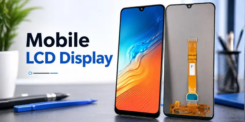 Mobile LCD display showing a smartphone screen and rear LCD panel with flex cable, highlighting modern phone display technology.