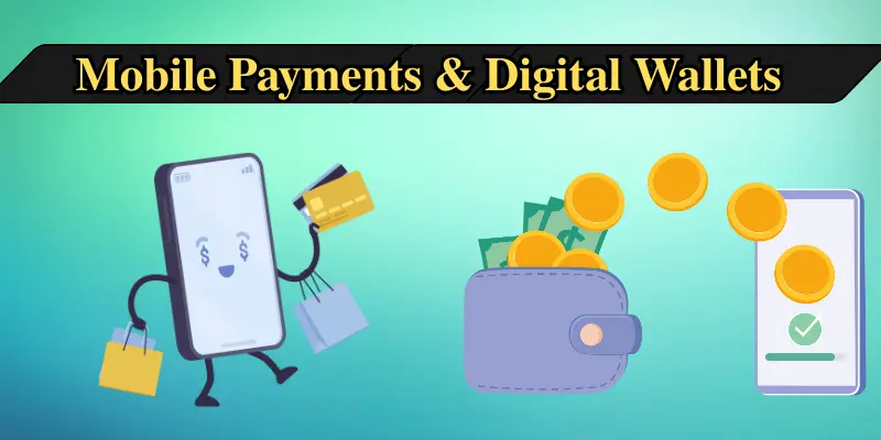 Image showing mobile payments and digital wallets with a smartphone carrying shopping bags and a wallet receiving digital coins.