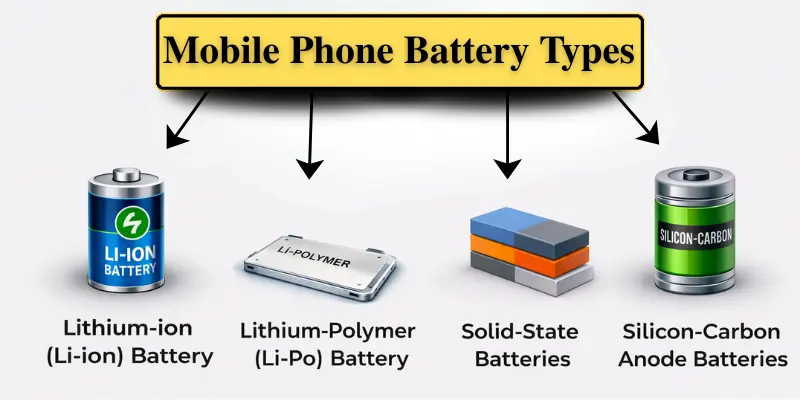 Infographic showing mobile phone battery types including Lithium-ion, Lithium-Polymer, Solid-State, and Silicon-Carbon anode batteries.