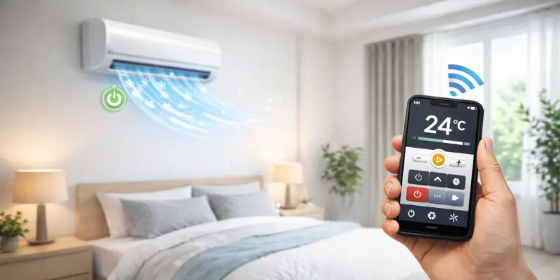 Image showing a mobile phone controlling an AC unit with Wi-Fi symbol and temperature settings displayed on the phone screen in a bedroom.