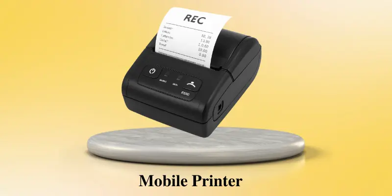 Mobile printer with a receipt showing 'REC' text, highlighting its compact design and functionality for on-the-go printing.
