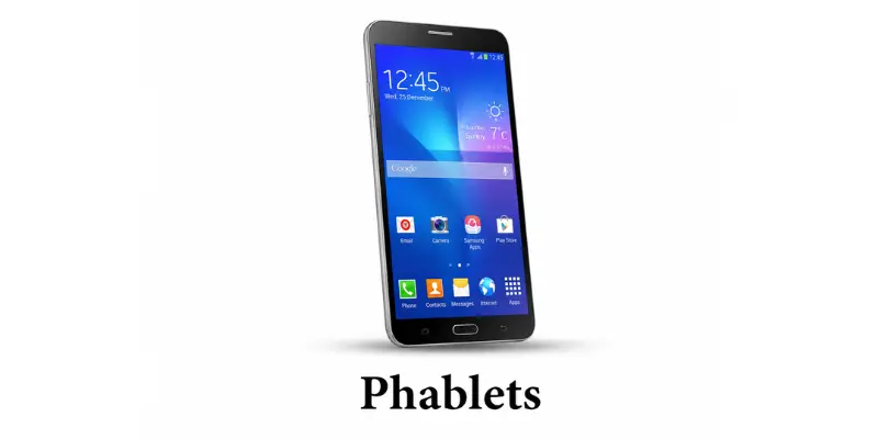 Phablets image showing a large-screen smartphone with blue display, app icons, and white background for mobile device category.