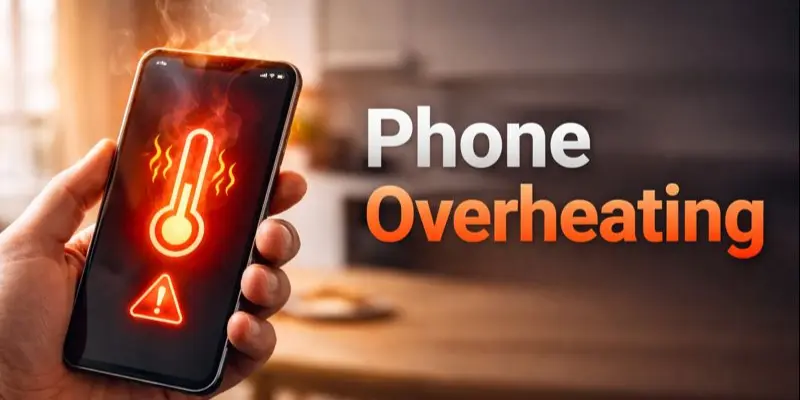Phone overheating with warning symbol, showing high temperature and a heat alert on the smartphone screen for quick troubleshooting.