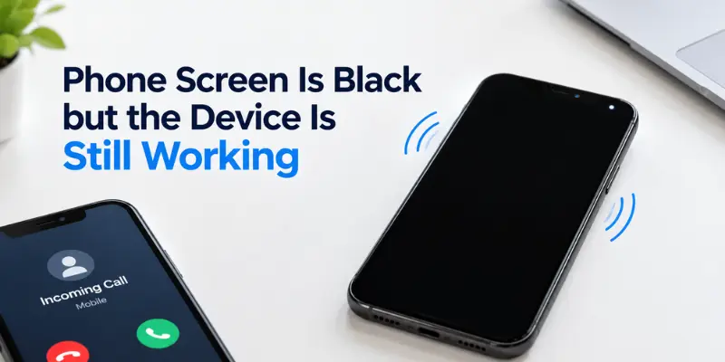 Phone screen is black but device is still working, showing a common mobile display problem with hidden screen damage and repair needs