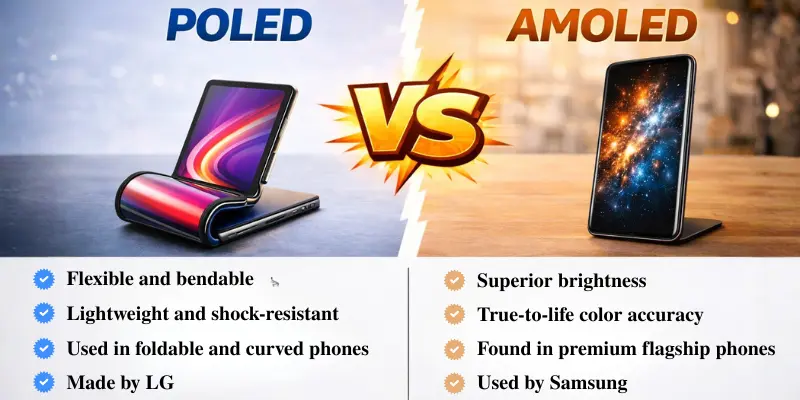 This image compares POLED and AMOLED displays with key features like flexibility, brightness, and color accuracy.