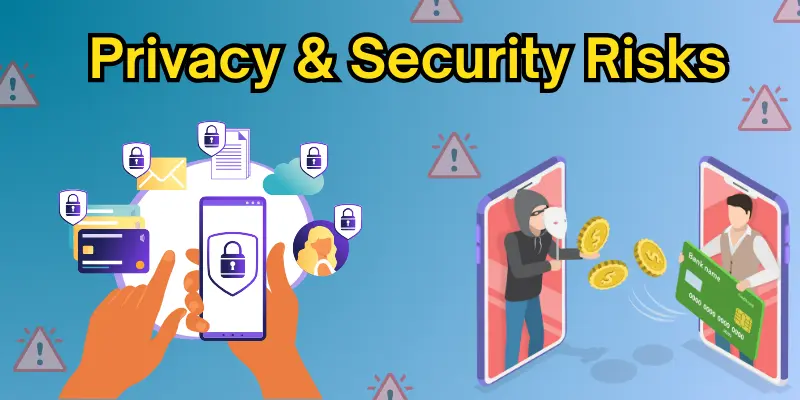 Privacy and security risks with mobile phones, showing secure app icons and a hacker stealing information.