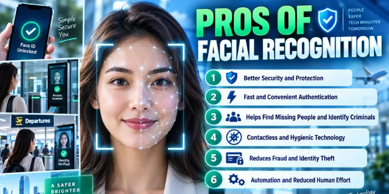Infographic showing facial recognition pros, including fast identification, improved security, convenient access, contactless authentication, crime prevention, and efficient verification.