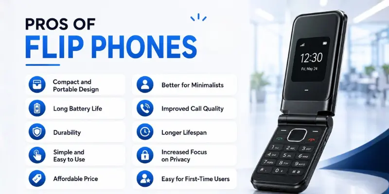 Open black flip phone with office background, alongside a two-column list highlighting 10 key pros of flip phones.