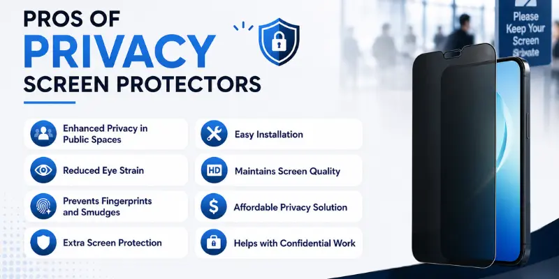 Pros of privacy screen protectors with smartphone display, listing enhanced privacy, reduced eye strain, anti-smudge, and screen protection features