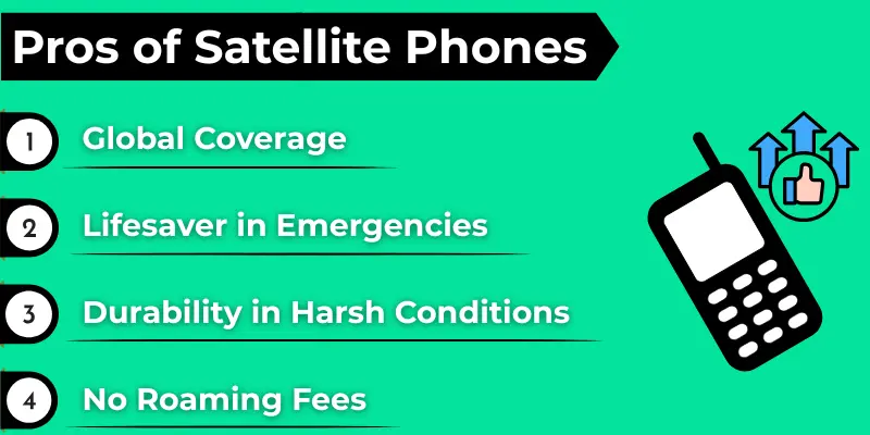 Visual list showing key pros of satellite phones such as global coverage, emergency use, durability in harsh conditions, and no roaming fees.