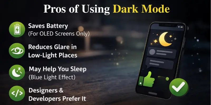 Image highlighting Dark Mode benefits on mobile: battery savings, glare reduction, improved sleep, and favored by designers.