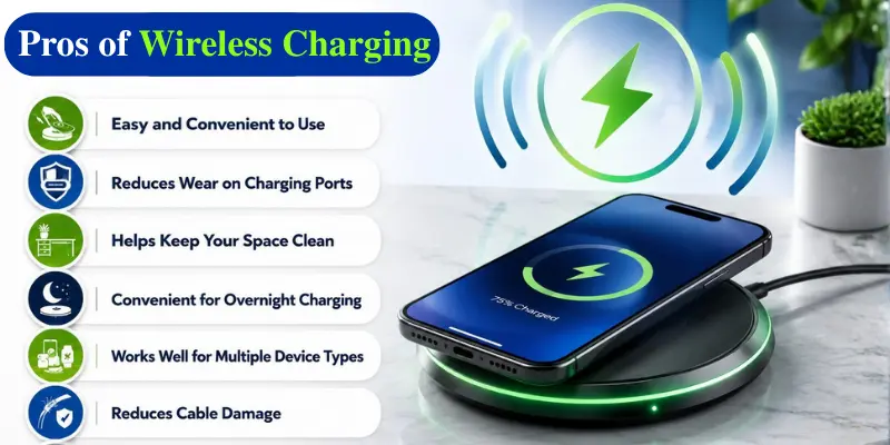 Infographic showing pros of wireless charging with smartphone on charging pad and benefits like convenience and less cable wear.