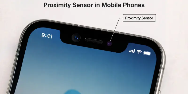 Close-up smartphone display showing a labeled proximity sensor near the front camera and top speaker on a mobile phone.