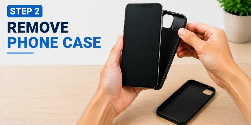 Step 2 shows removing a mobile phone case before screen cleaning, with a user taking off the protective cover safely.