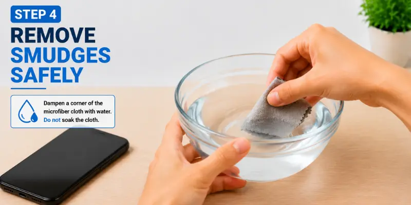 Step 4 shows removing phone screen smudges safely by dampening a microfiber cloth with water before cleaning the mobile display.