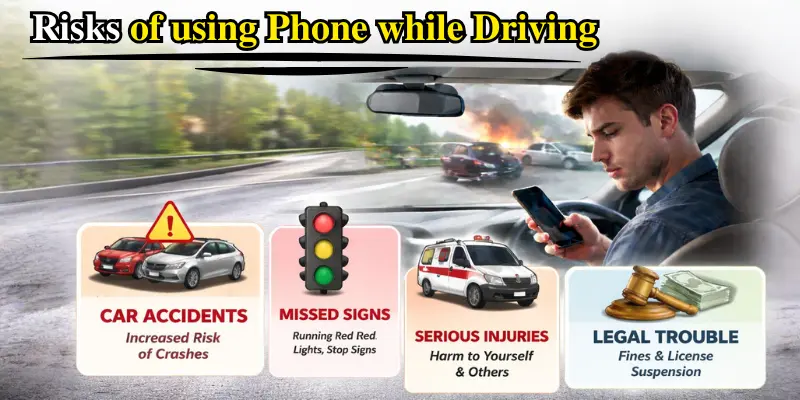 This image shows a driver using a phone while driving, highlighting risks like accidents, missed signals, injuries, and fines.