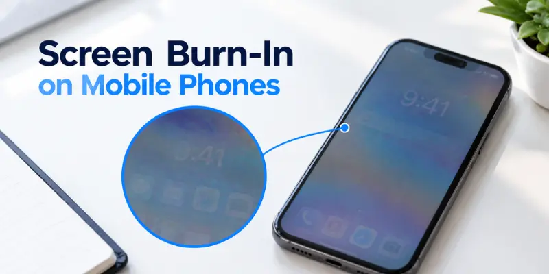 Screen burn-in on mobile phones showing ghost images and display retention issues caused by prolonged screen usage on smartphones