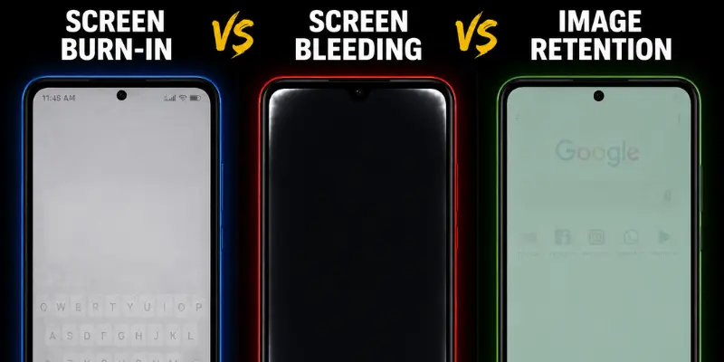 Screen burn-in vs screen bleeding vs image retention comparison showing three phone display problems with visual examples.