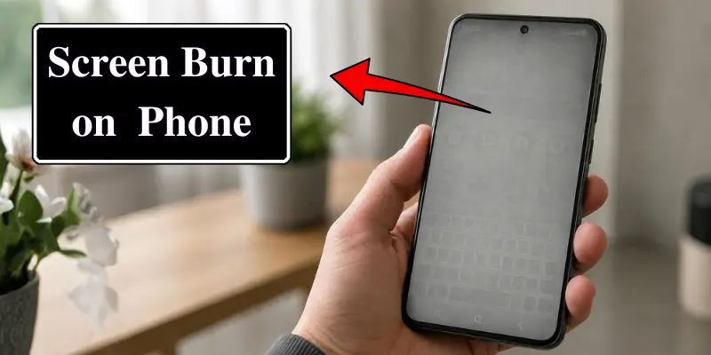 Phone held in hand shows faint keyboard ghosting; red arrow and "Screen Burn on Phone" text point to the affected display area.