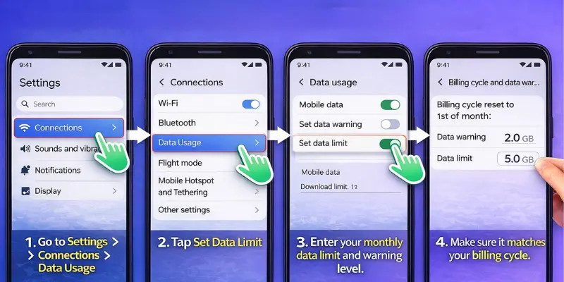 Android phone showing steps to set mobile data limit: Settings > Connections > Data Usage > Set limit and warning level.
