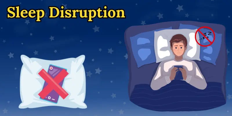 Sleep disruption caused by mobile phones, showing a phone with a red 'X' on a pillow and a person using a phone in bed.