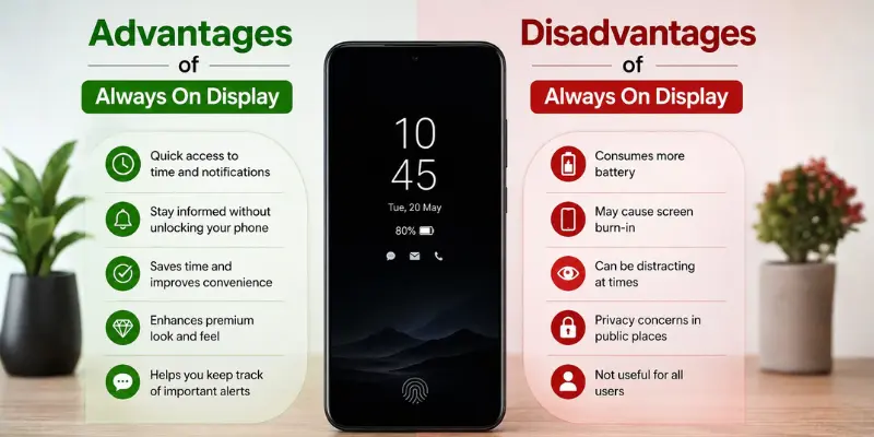 Smartphone with Always On Display showing time in center, with advantages on left and disadvantages like battery and privacy on right.