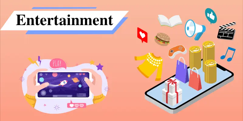 Image showcasing smartphone entertainment features like gaming, shopping, music, and social media icons, representing the entertainment function of smartphones.