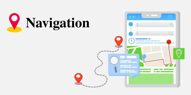 Smartphone navigation app with location markers and a map, demonstrating the navigation functionality of smartphones.