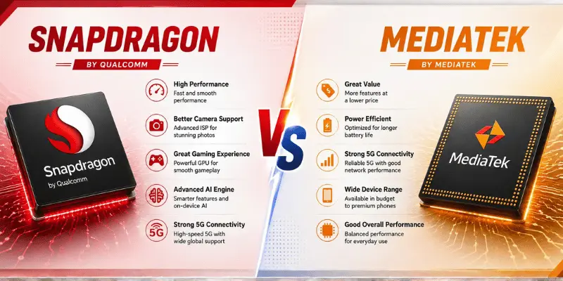 Snapdragon vs MediaTek processor infographic showing two chips, feature lists, and a VS symbol with red and orange backgrounds.